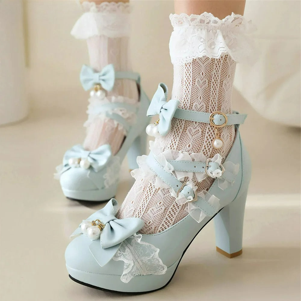 33-43 - Bow Shoes Heels Round Lolita Pearl Lace Head