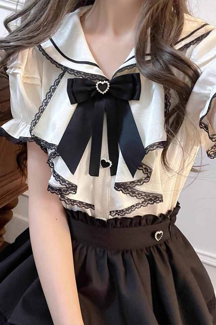 Sailor Collar Multi-Layered Ruffle Bowknot Jirai Kei Skirt Set - Black/White