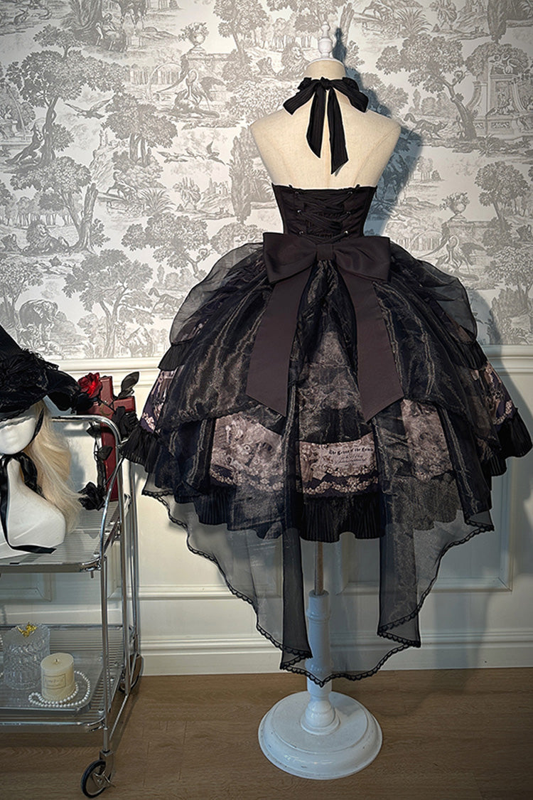 Black The Mystery of The Doll Halterneck Printed Ruffle Bowknot Drawstring Gothic Lolita Dress