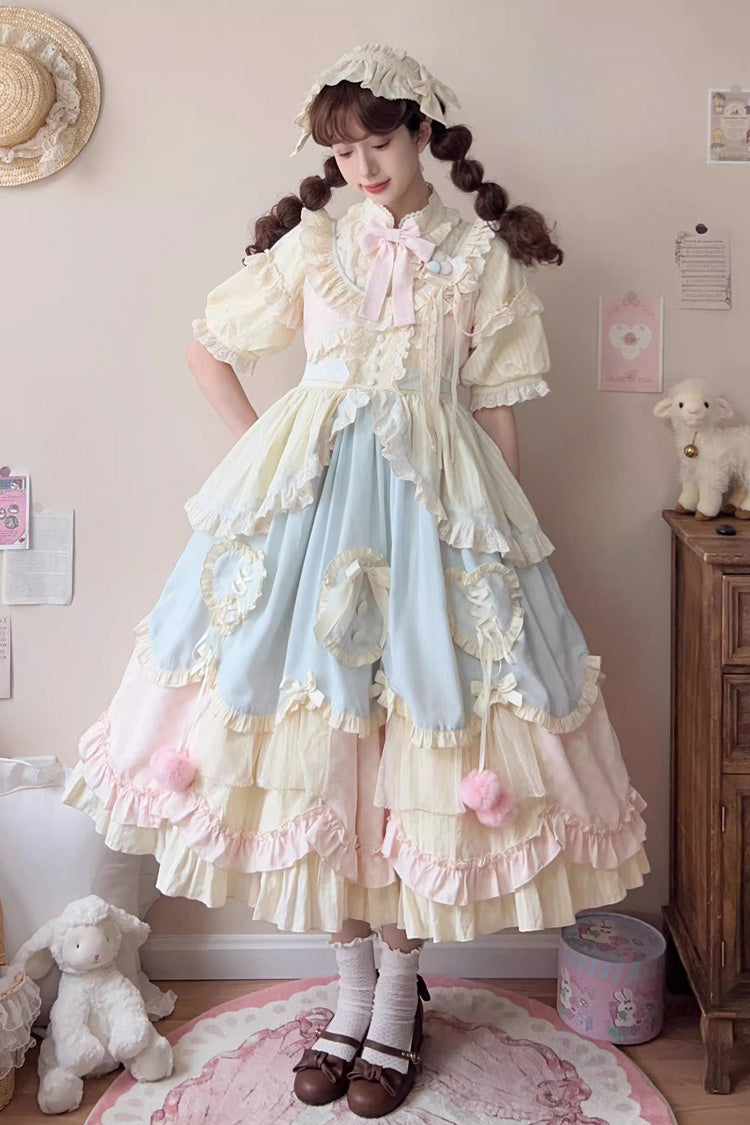 Sleeveless Multi-Layer Ruffle Bow Lace Sweet Lolita Jumper Dress Long - Multi Color