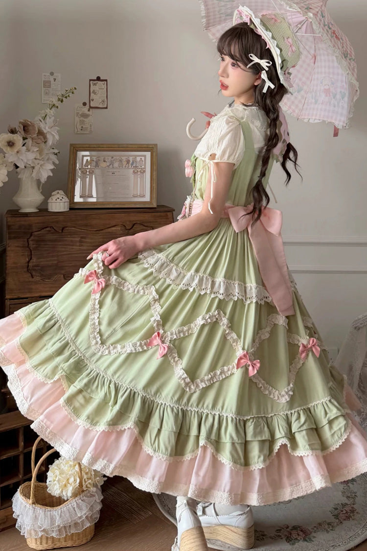 Sweet Lolita JSK Dress with Ruffled Open-Front Bow - Green