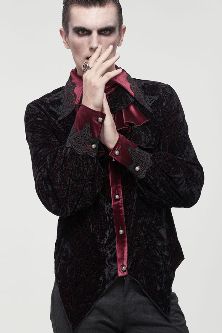 Crimson & Noir Velvet Stand Collar Ruffle Lantern Sleeve Gothic Shirt for Men