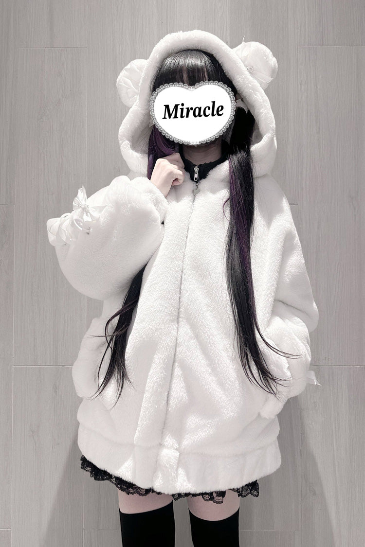 Sleepy Bear Fluffy Japanese Jirai Kei Coat with Bow and Lace-Up