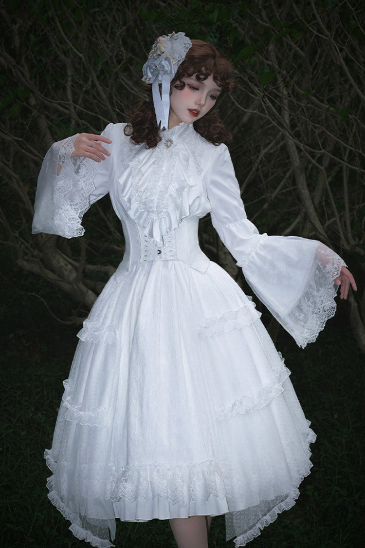 Ivory Stand Collar Long Sleeve Gothic Dress with Lace - Requiem