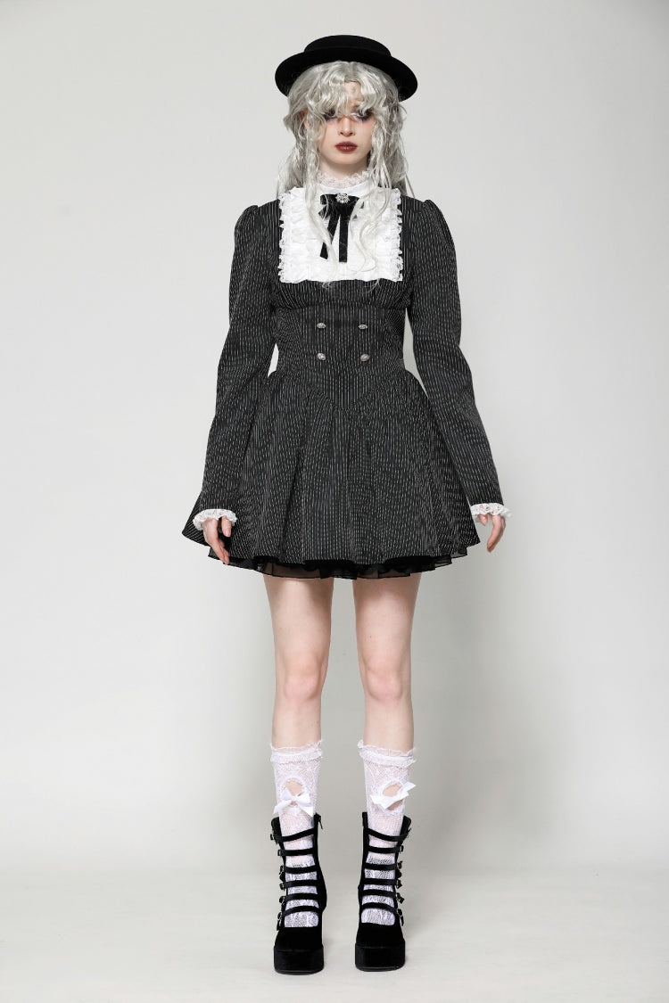 Black/White Striped Lace-Up Gothic Dress with Bow