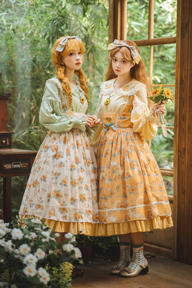 Apricot Sweet Elegant Uplift Lolita JSK Dress with Sleeveless Print Ruffles and Bowknot