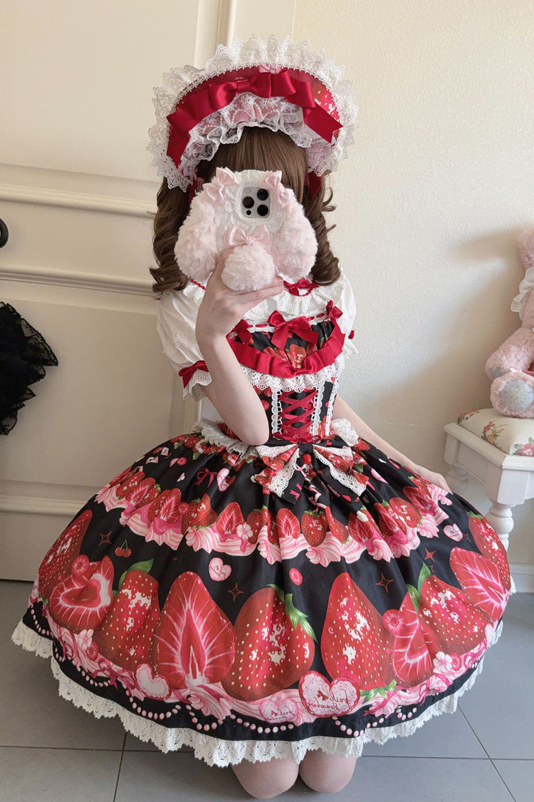 Strawberry Print Ruffled Bow Lace Sweet Lolita JSK