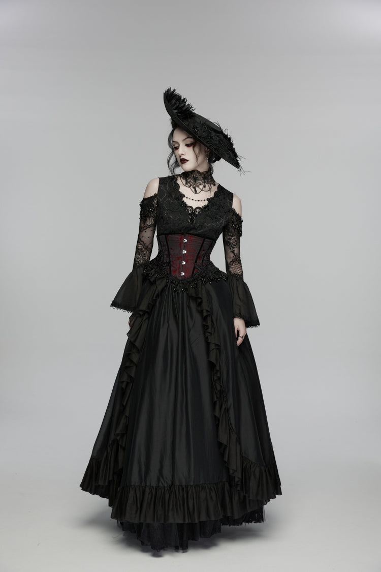 Crimson & Noir Tassel Accent Lace-Up Corset Top with Jacquard Weave