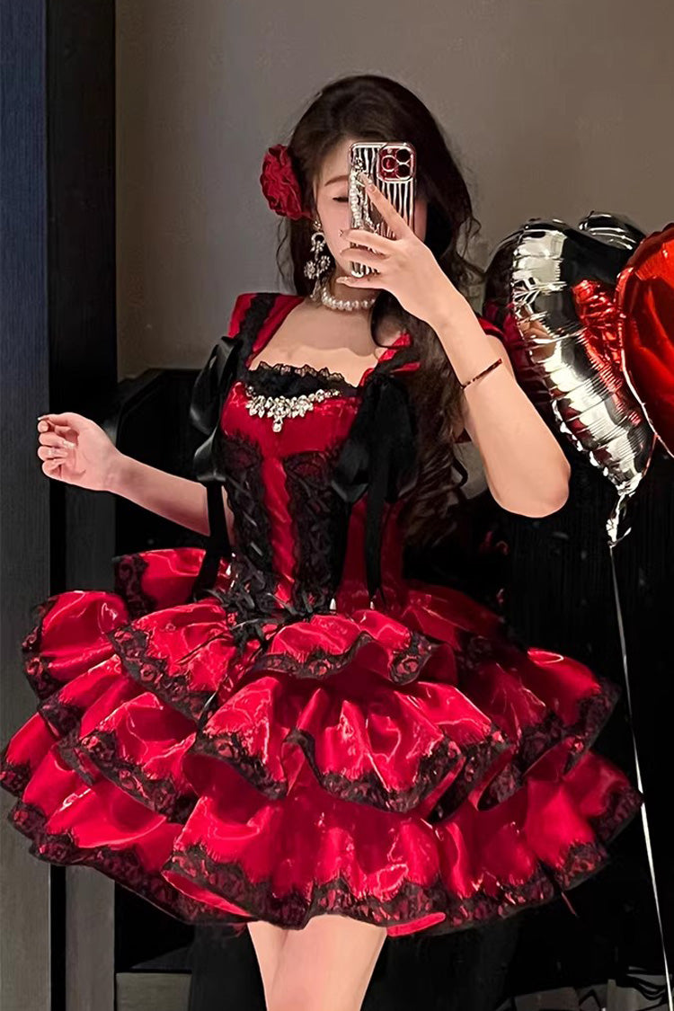 Sweet Lolita JSK Dress with Ruffled Lace and Lace-Up Back - Red