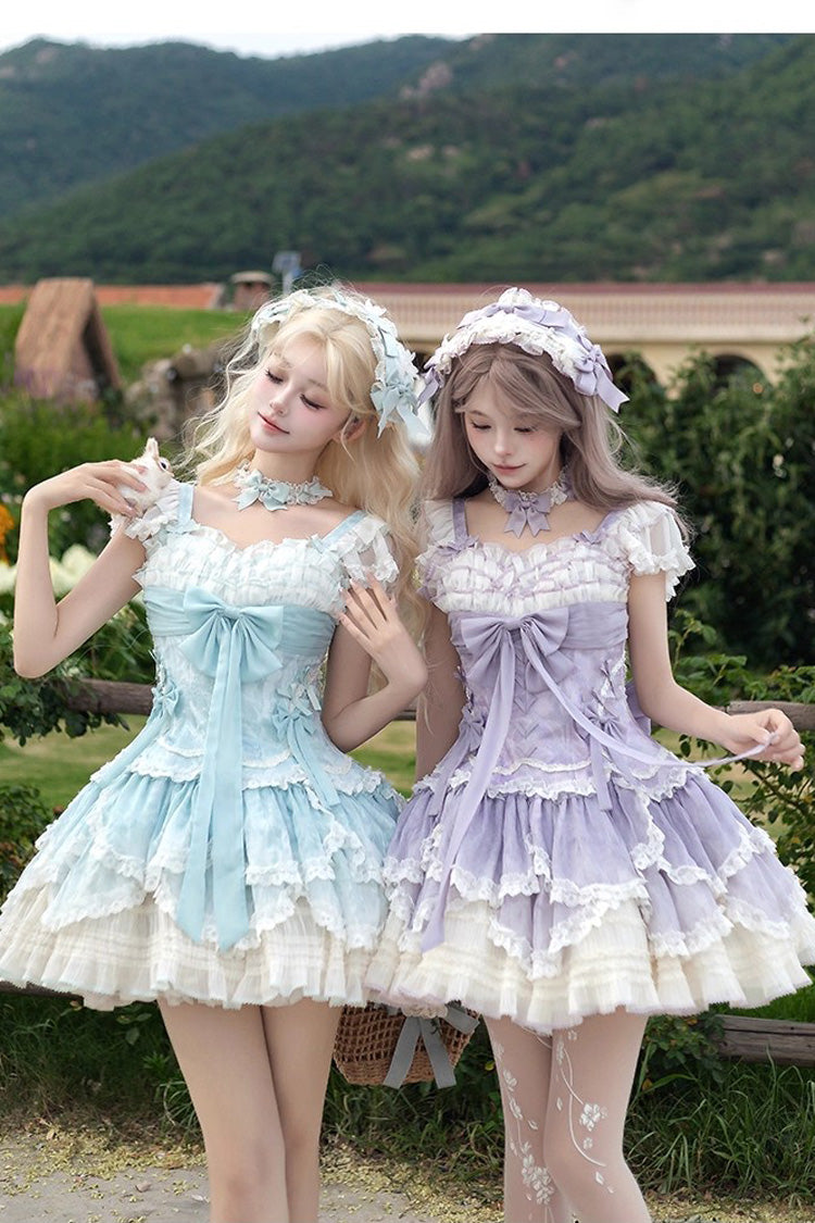 Floral Dream Violet Multi-Layered Ruffle Embroidery Lace-Up Ballet Lolita JSK - Floral Dream
