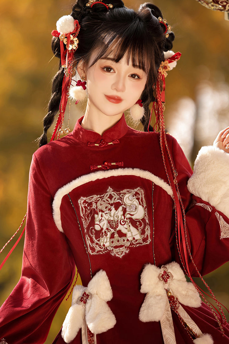 Crimson Embroidered Bow Chinese Sweet Lolita Hanfu Dress