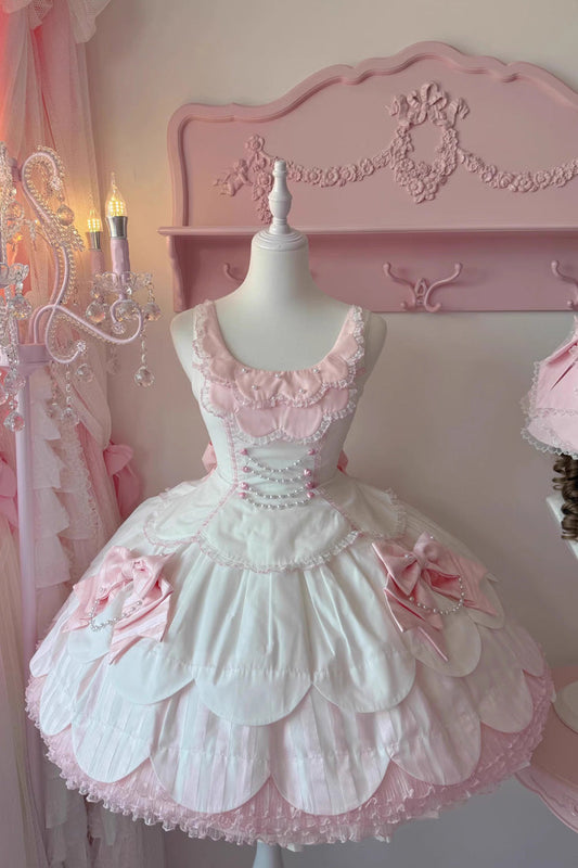 Pale Pink & White Sleeveless Multi-Layer Ruffled Bow Lace Pearl Sweet Lolita JSK