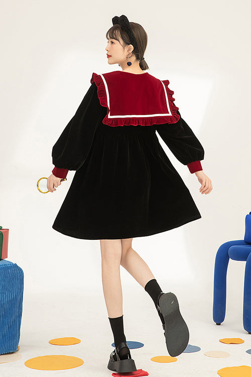Noir Velvet Cat-Eye Neck Sweet Lolita Dress with Long Sleeves