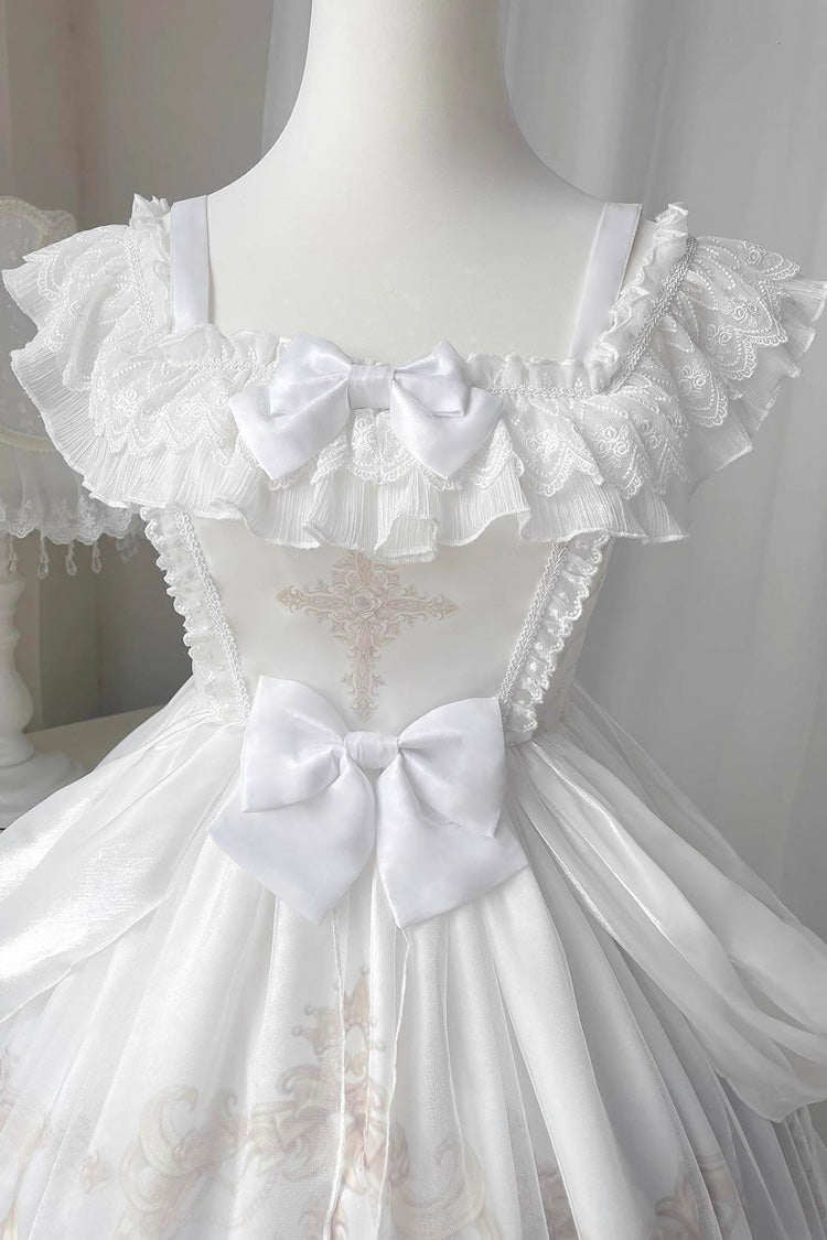 Swan Lake Print Ruffle Bowknot Elegant White Blue Lolita Jsk Dress - Flower and Letter