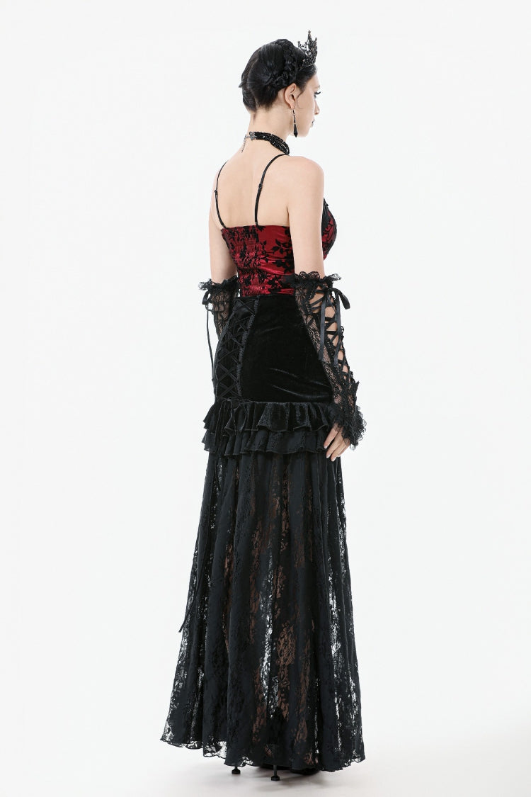 Gothic Velvet Long Skirt with Lace and Lace-Up, Black
