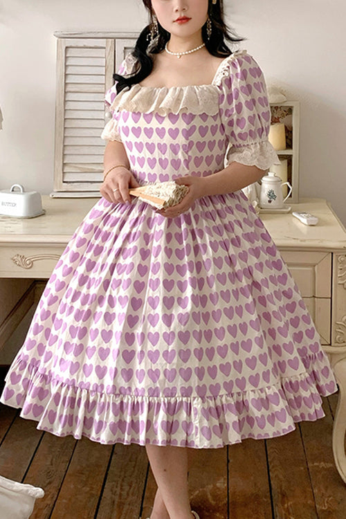 Violet Heart-Printed Ruffled Square-Neck Plus-Size Lolita One-Piece