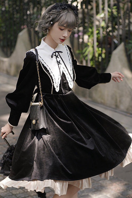 Ebony Velvet Classic Lolita One-Piece with Faux Collar