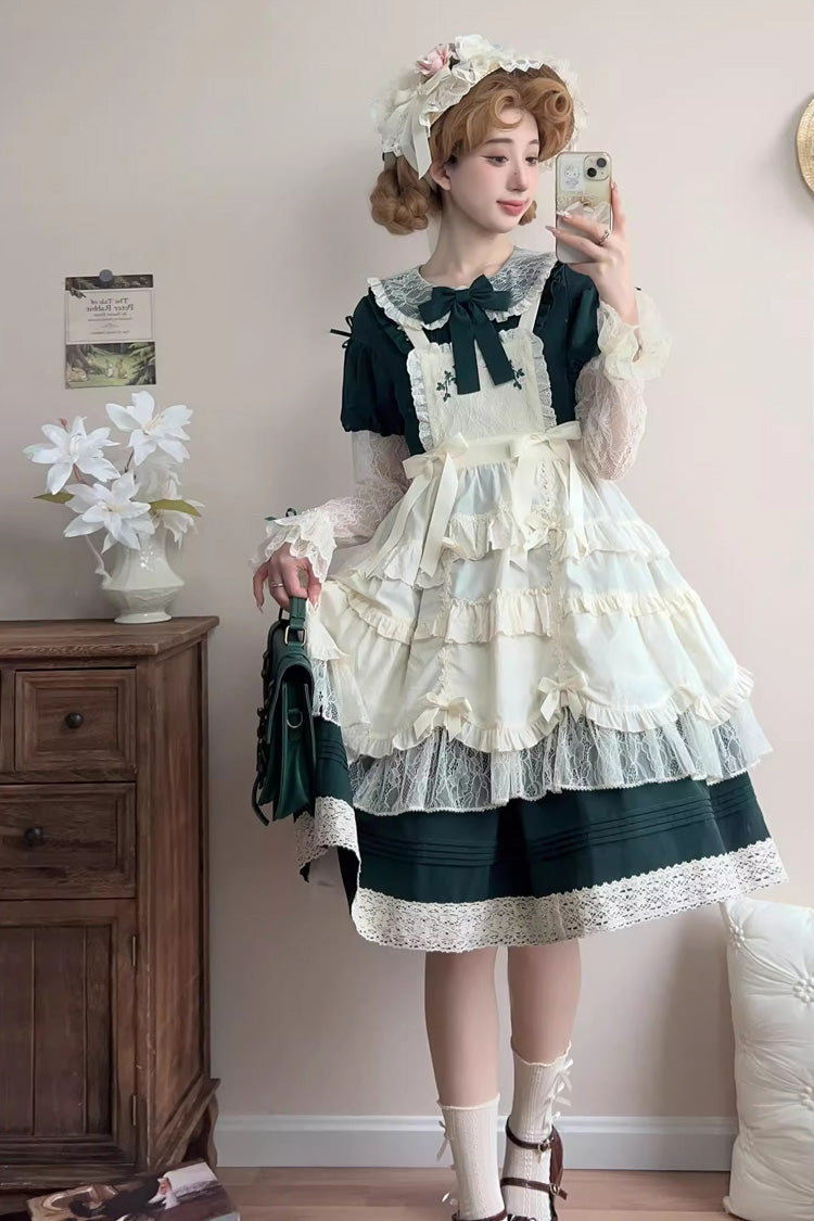 Lapel Collar Long Sleeve Embroidery Bow Lace Sweet Lolita Dress - Green