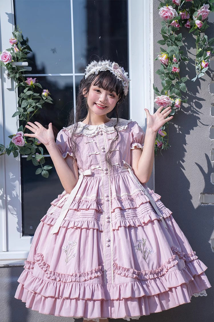 Pink Iris-Print Ruffled Dress with Short Sleeves and Embroidery