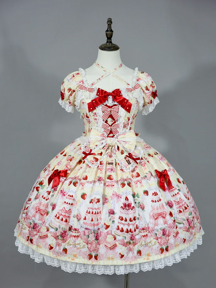 Yellow Full Lolita Set Print Strawberry Sweet Cake Accents Bow Dress /