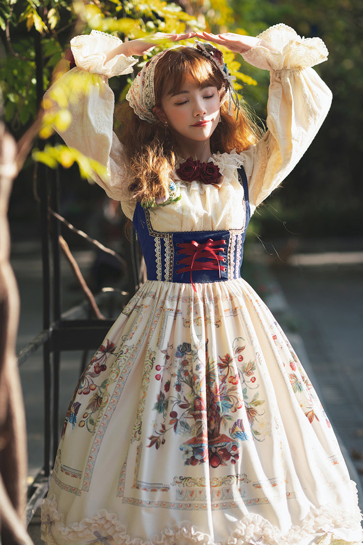 Cream Ode to Plenty Berry Bird Print Velvet Bow Frilled Classic Lolita Corset JSK Dress