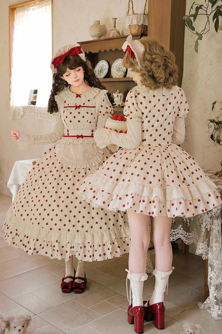 Apricot Sweet Elegant Lolita Dress with Cotton Round Collar Long Lantern Sleeves Polka Dot Print Ruffled Bow Lace