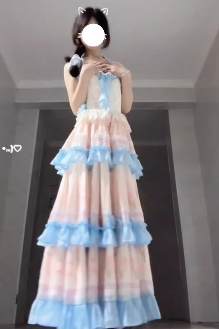 Blue and Pink Sweet Lolita Dress with Print and Backless Ruffle Style
