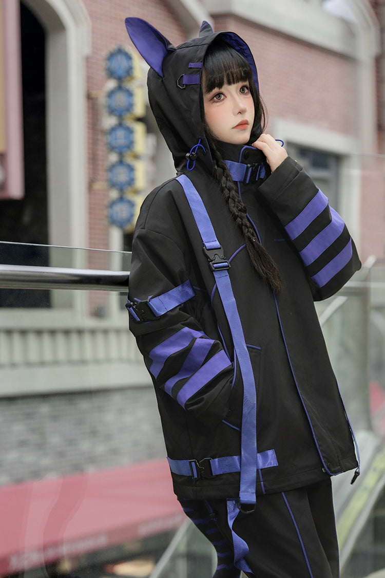 Blue/Black Long Sleeve Print Cat Ears Hooded Jirai Kei Handsome Jacket