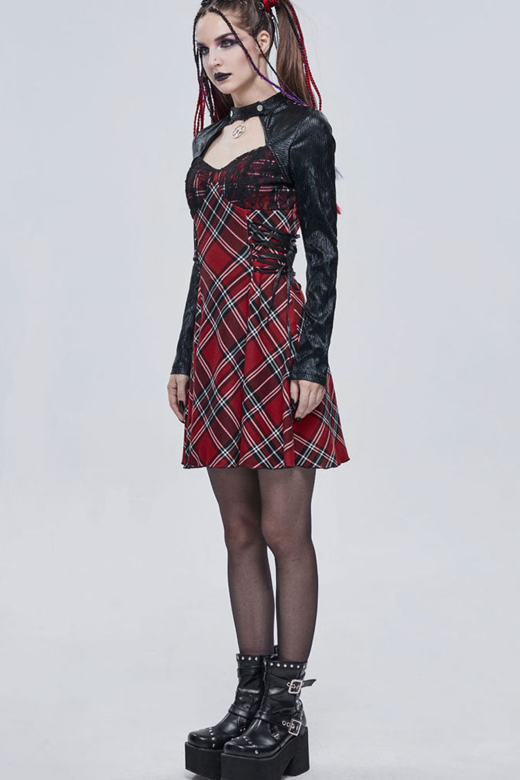 Red Plaid Knit Side Strap Pentagram Punk Dress