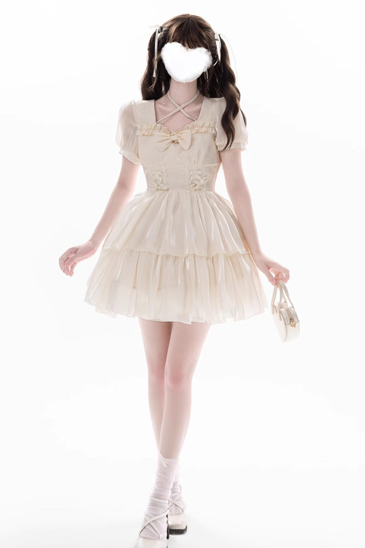 Apricot Sweet Lolita Dress with Multi-Layer Jacquard Ruffles Short Sleeves and Bowknot