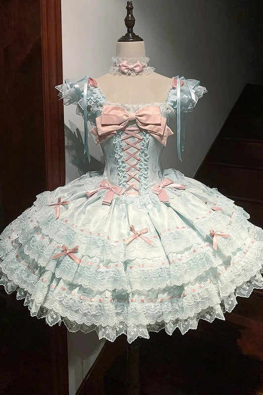 Green Sleeveless Ruffled Bow Lace-Up Sweet Elegant JSK - Flora Isle Butterfly