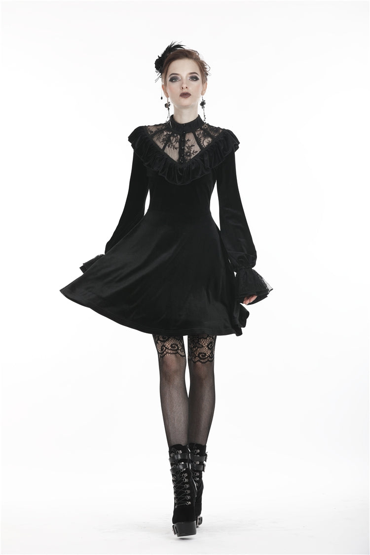 Deep V-Neck Ruched Velvet Lolita Dress with Lace Details
