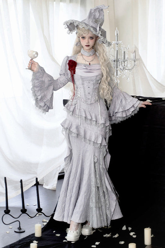 Silver Grey Ruffle Lace Irregular Gothic Fishtail Skirt Set - Twilight