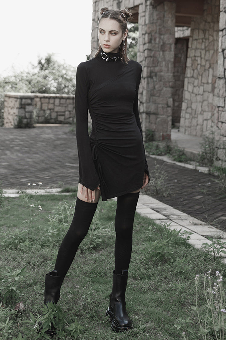 Cashmere Knit Cross Fold Tie High Collar Pleated Punk Dress