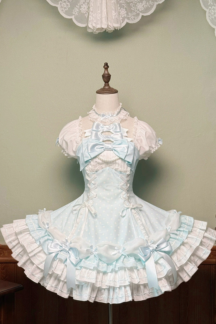 Blue Halterneck Short Sleeve Triple-Layered Polka Dot Bow Lace-Up Sweet Dress