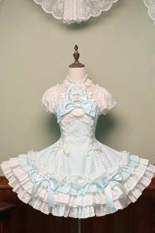 Blue Halterneck Short Sleeve Triple-Layered Polka Dot Bow Lace-Up Sweet Dress