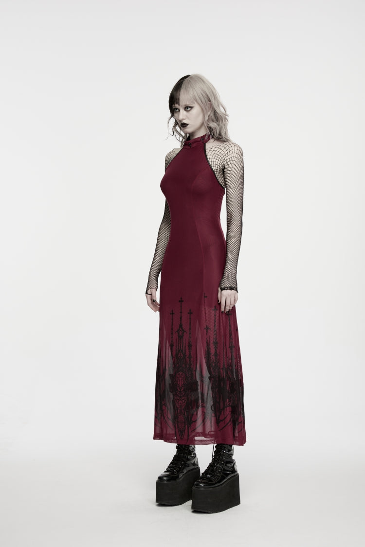 Red Halterneck Sleeveless Double-Layer Church Skull Printed Lace-Up Slim Gothic Dress