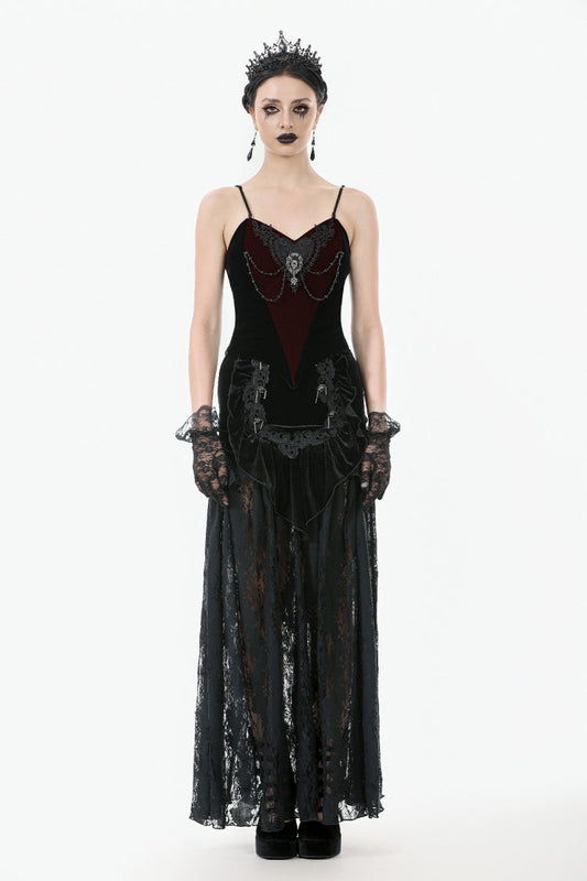 Gothic Velvet Long Skirt with Lace and Lace-Up, Black