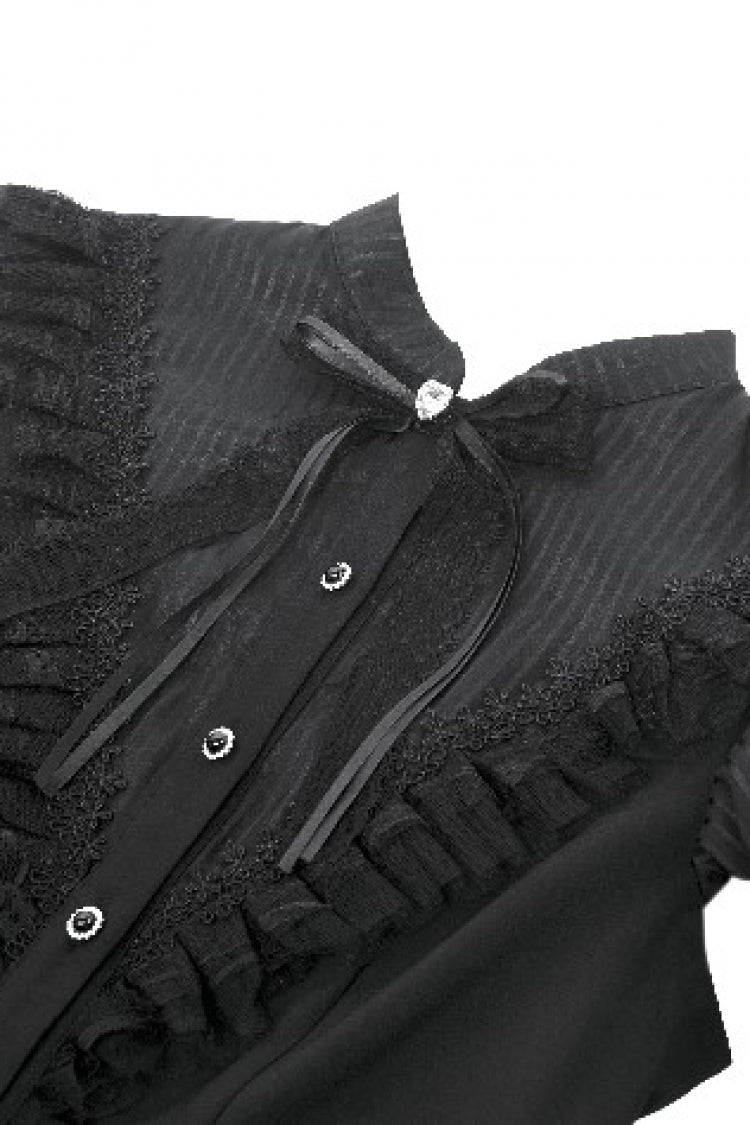 Pleated Bow Lace-Up Short Sleeve Gothic Lolita Dress - Black