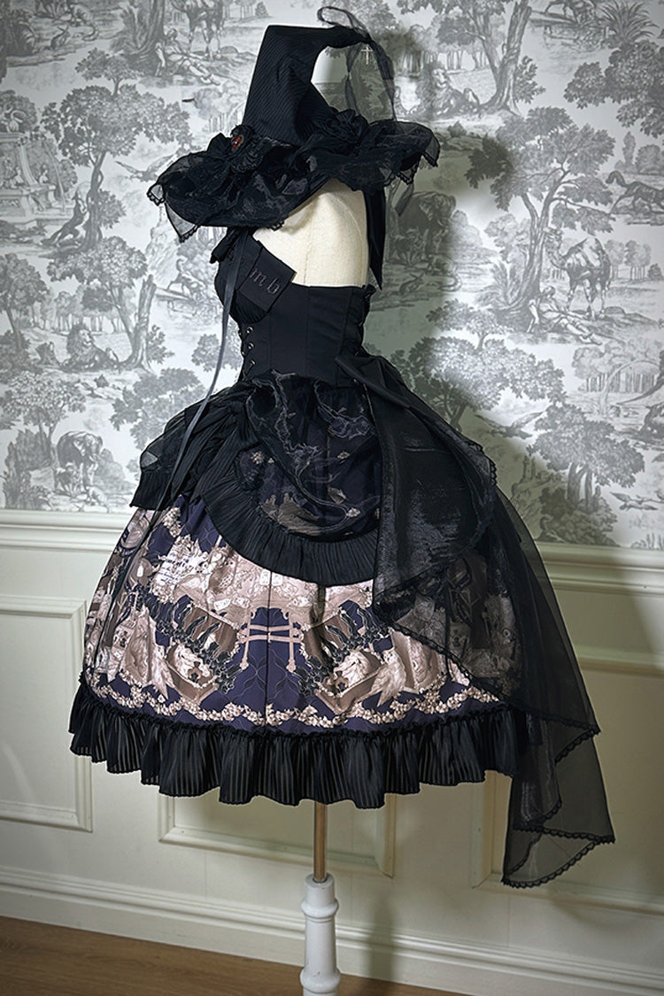 Black The Mystery of The Doll Halterneck Printed Ruffle Bowknot Drawstring Gothic Lolita Dress