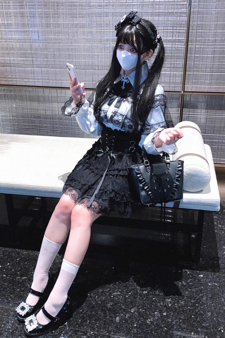 Rose Palpitations High Waisted Sweet Jirai Kei Skirt with Lace