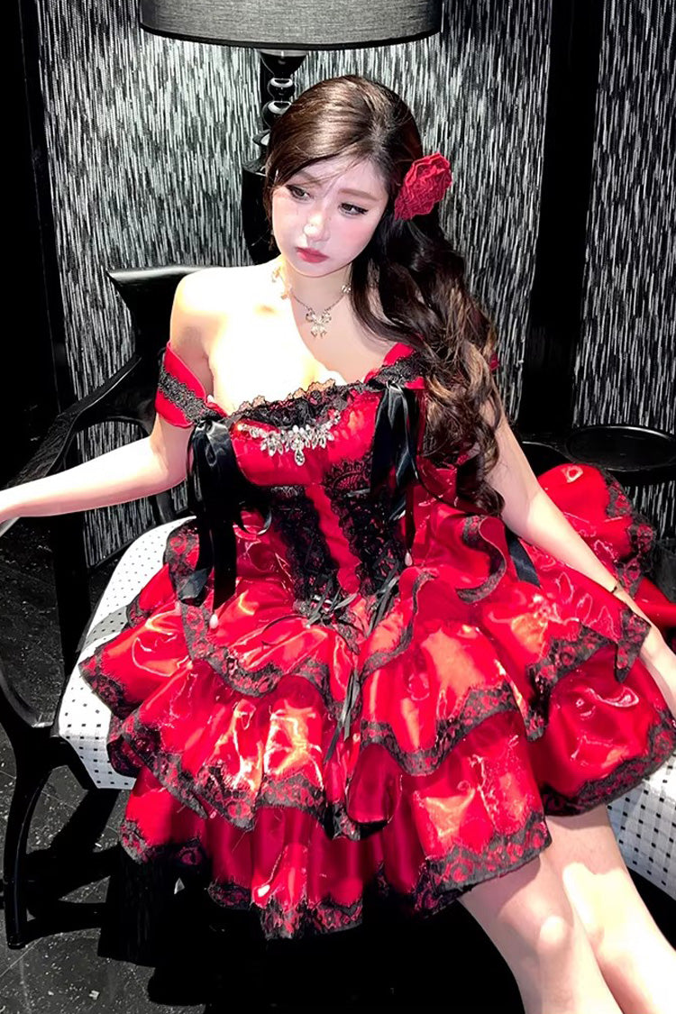Sweet Lolita JSK Dress with Ruffled Lace and Lace-Up Back - Red