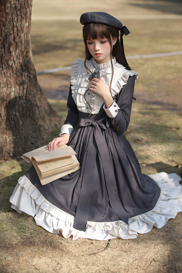 Striped Ruffle Bowknot Long Sleeve College Style Lolita Dress Dark Blue