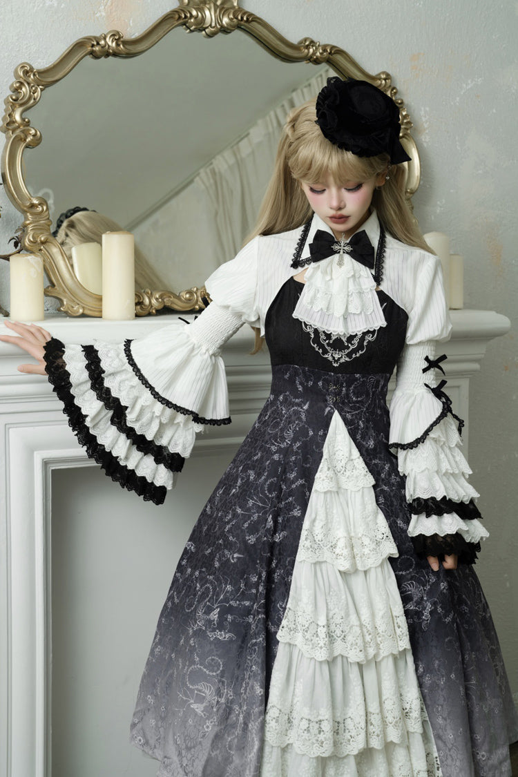 Black White Printed Bone Magic Ruffle Cardigan Lace Classic Gothic Princess Lolita Jsk Dress