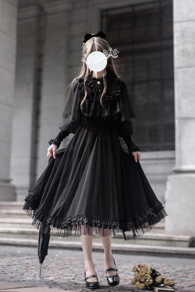 Midnight Lace-Sleeved Bow Detail Elegant Gown - Enchanted Nightdream
