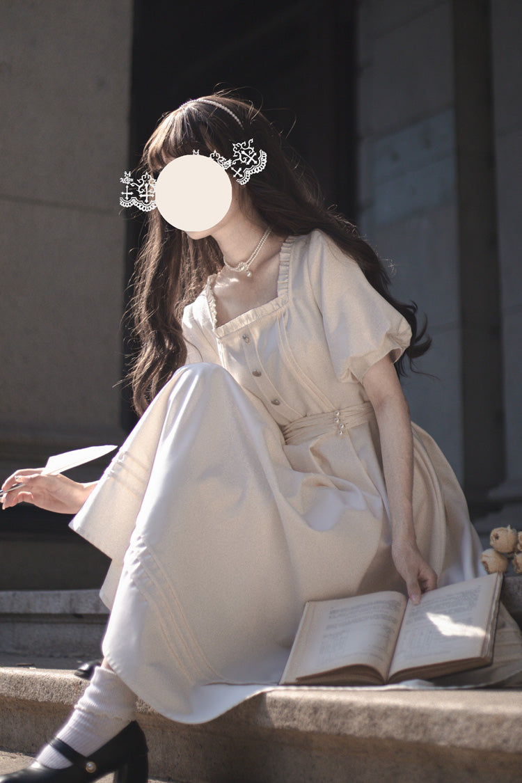 Apricot Classic Vintage Lolita Dress with Square Collar Short Sleeves and Ruffle Trim