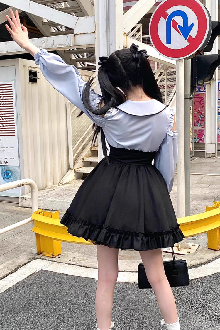 Off-Shoulder Ruffle Bowknot Set in Black/Blue