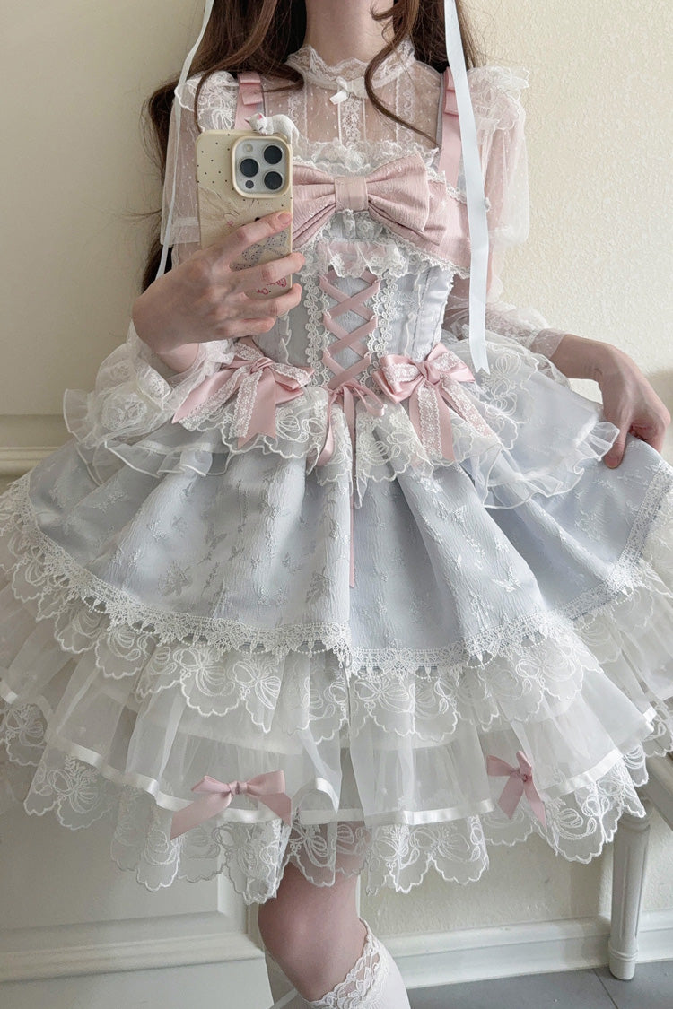Blue Ballet Lace Ruffle Sleeveless Bowknot Sweet Jsk Dress - Fleishi Island