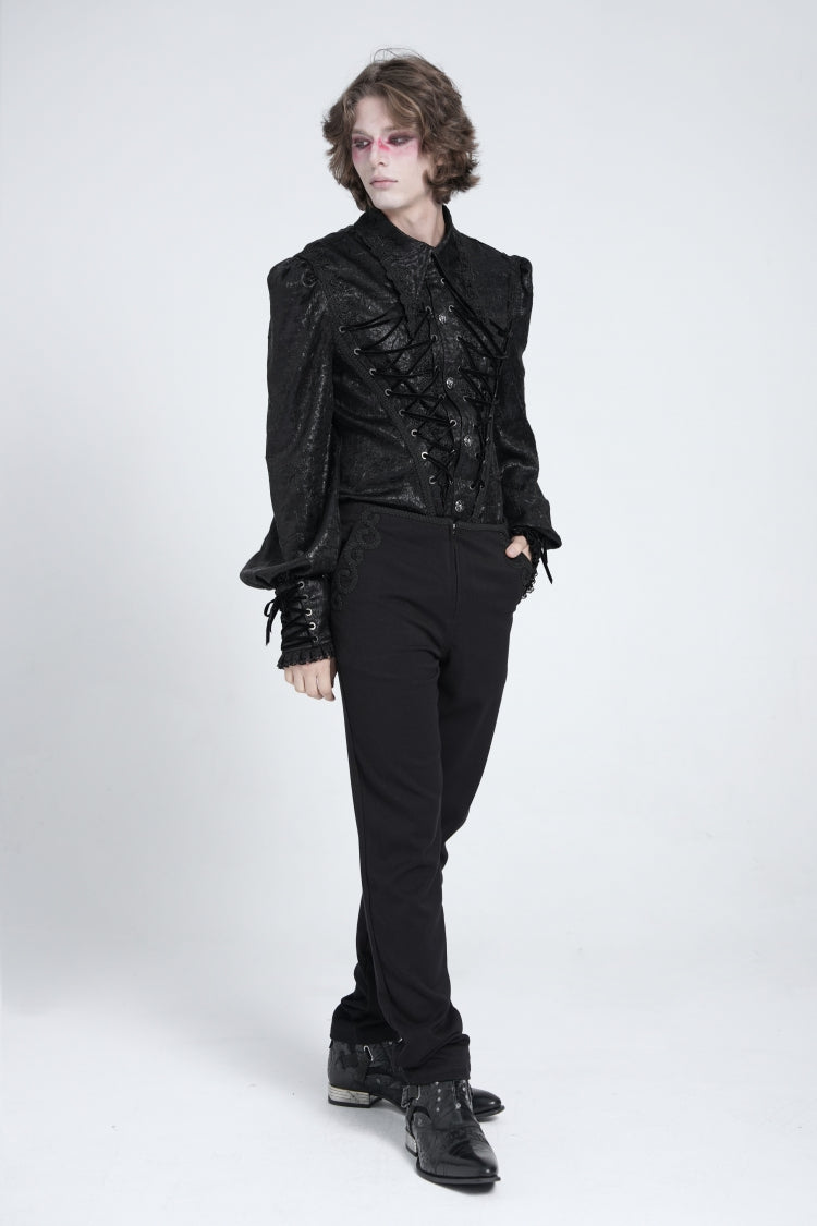 Jet-Black Gothic Blouse with Puffed Sleeves and Jacquard Lace for Men