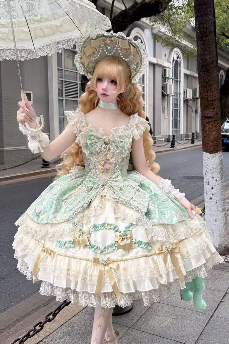 Gilded Waltz Square Collar Sleeveless Printed Embroidered Bow Lace Sweet JSK - Green
